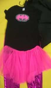 Kids Costumes to Hire - BatGirl Logo Pink & silver detail: cape, top, tutu, Metallic Leggings
